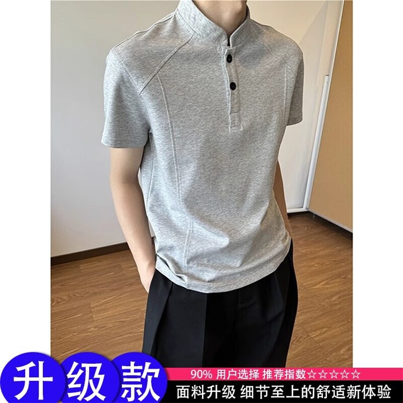 网图现货夏季复古高级感纯色亨利领polo短袖T恤RW168-P45图片