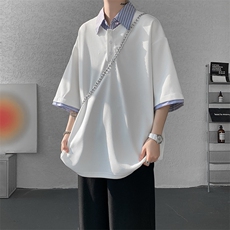 8XL-M假两件衬衫领短袖T恤大码夏季条纹拼接polo衫半袖DX1211/P45，男装T恤，电商B238