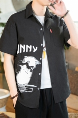 2021春季新风日系大码男卡通小猫印花宽松短袖衬衫C3003-P35，男装衬衫，电商A001
