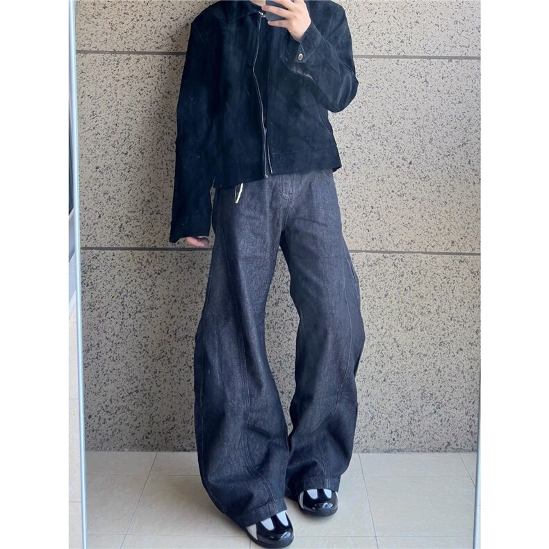 深蓝灰色直筒牛仔裤2025春夏美式复古宽松显瘦显高阔腿拖地长裤,男装牛仔裤,星座506A