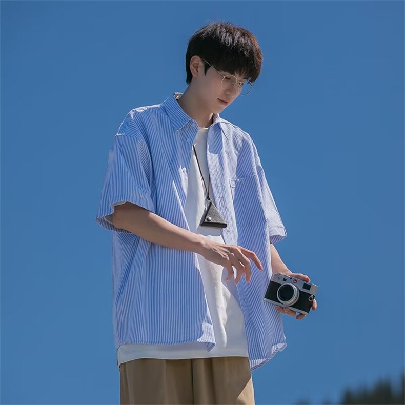 C52-P27夏季蓝色短袖衬衫男款百搭宽松少年感男生衬衣外套,男装T恤,电商B323A