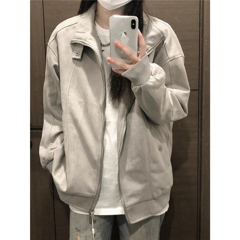 仿麂皮绒立领夹克男女潮牌情侣装春秋季休闲cleanfit百搭纯色外套图片
