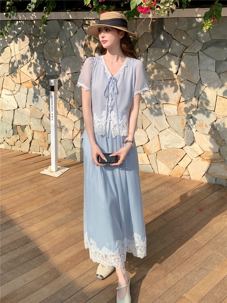 法式气质蕾丝拼接套装女2026夏季新款高级感时髦洋气阔腿裤两件套,女装套装/套裙,衣秀之家
