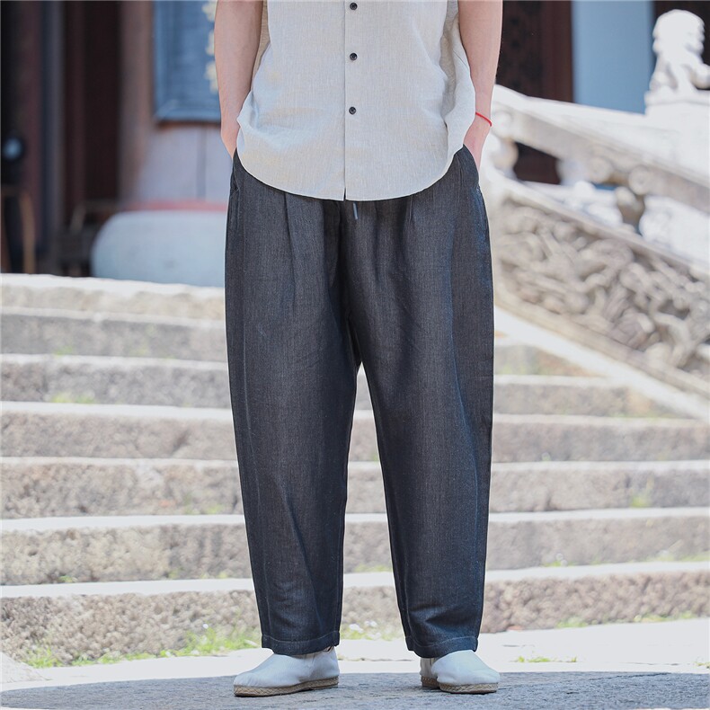 牛仔色织亚麻休闲裤男夏季轻薄透气棉麻小长裤K51P120,男装休闲裤,星座704A（原B229A）
