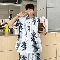 控价69笔墨风衬衫套装黑白印花简约宽松版型套装TZ069P42，男装衬衫，电商A128