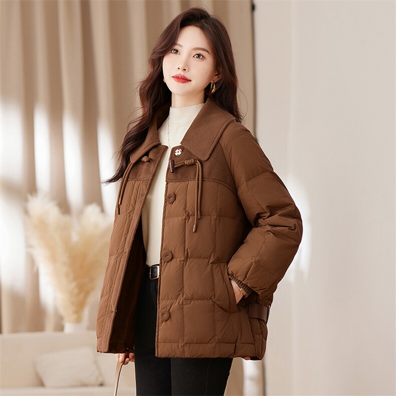 时尚牛角扣呢料拼接羽绒服中长款百搭冬装女装,女装羽绒服,衣之秀