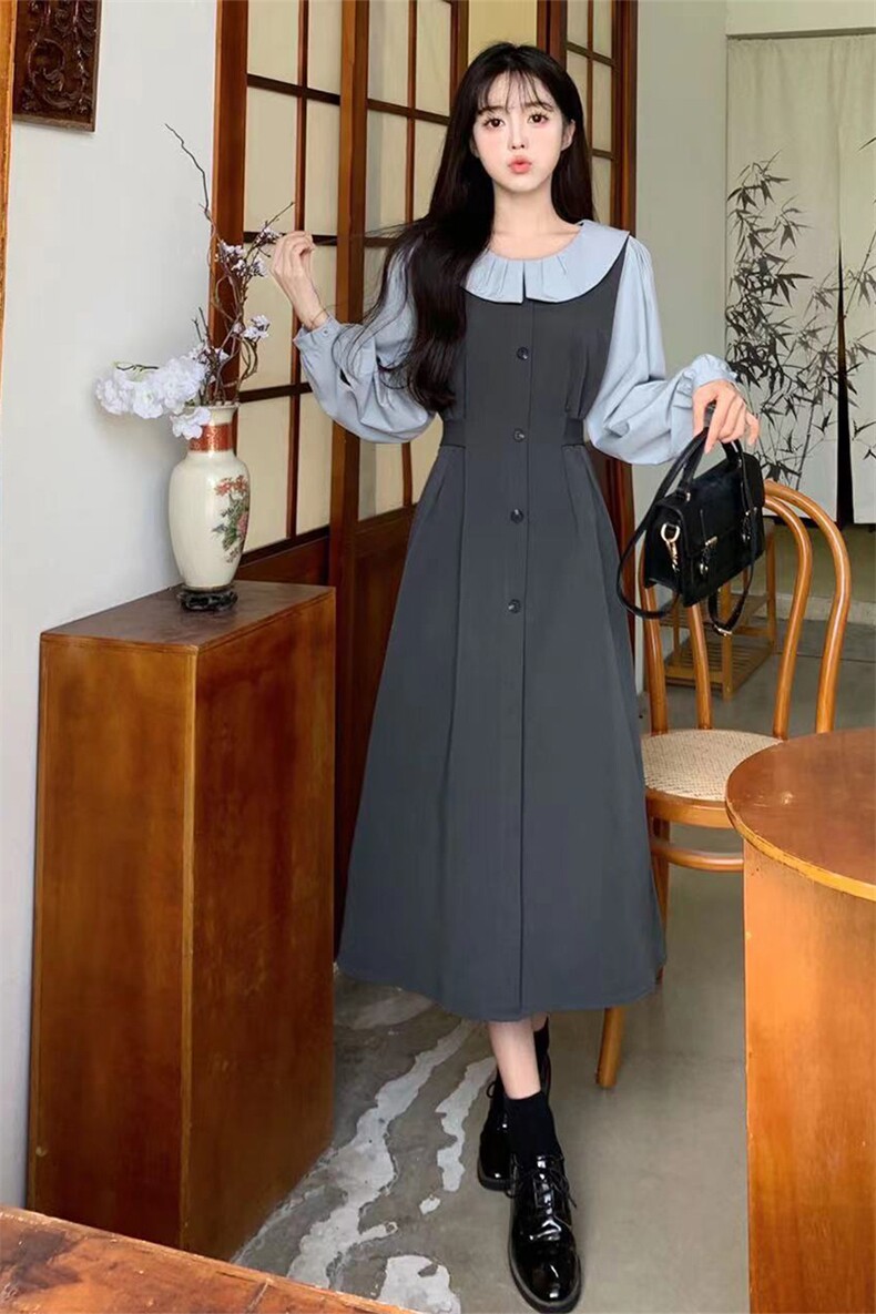 娃娃领衬衫拼接假两件连衣裙女2025春季新款小个子高级感长裙子,女装连衣裙,星宇服饰