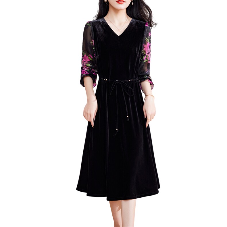 现货-新品】春装金丝绒连衣裙2024年中长款显瘦V领中长款裙子,女装连衣裙,仁梯