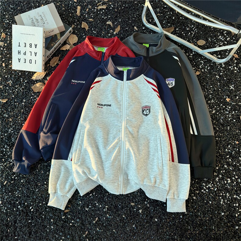 港风秋款男卫衣开衫三条杠条纹撞色印花运动夹克外套WY0052P45,男装夹克,星座1013-1