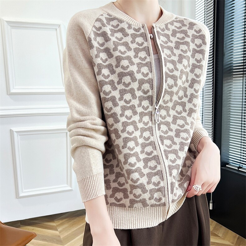 羊毛拉链开衫女圆领拼色提花羊绒毛衣外套休闲宽松百搭上衣，女装羊毛衫，朝辰羊绒