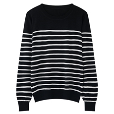 精纺细羊毛薄款条纹针织打底衫女圆领宽松休闲通勤套头毛衣内搭潮，女装针织衫/毛衣，朝思羊绒