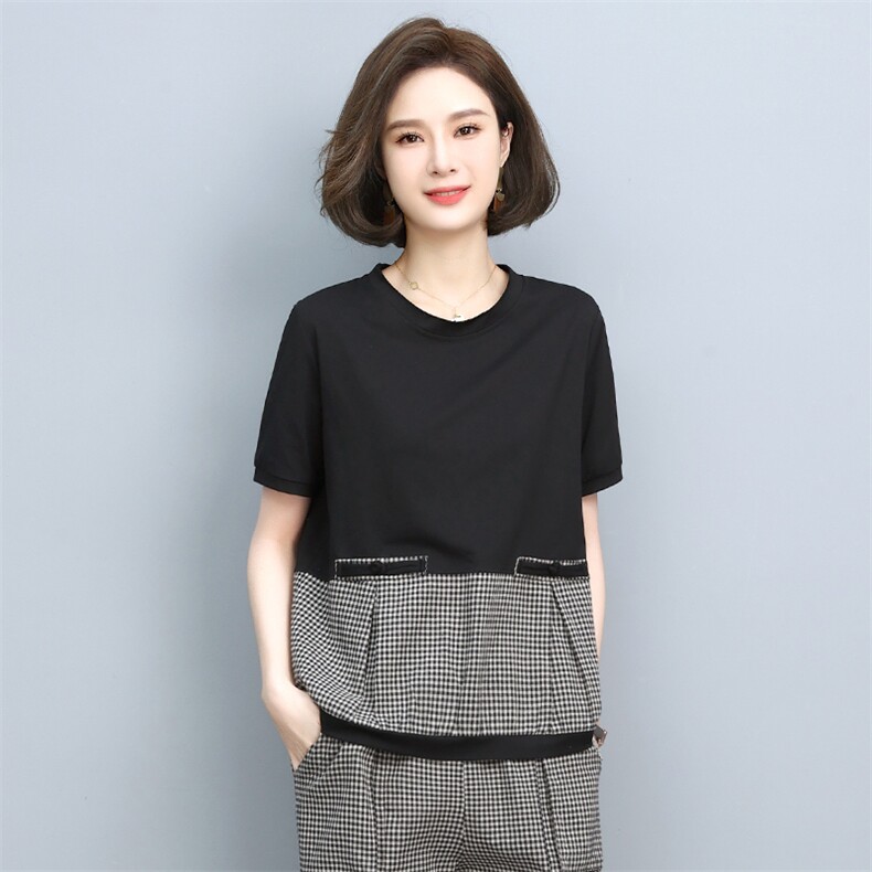 时尚夏季休闲格纹拼接盘扣上衣显瘦百搭短袖T恤,女装T恤,依恋蒂丝