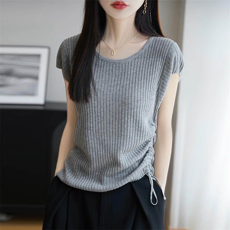 亚麻+莱赛尔天丝小飞袖圆领针织短袖t恤女抽绳三分袖坑条新款上衣,针织衫/毛衣,朝思羊绒