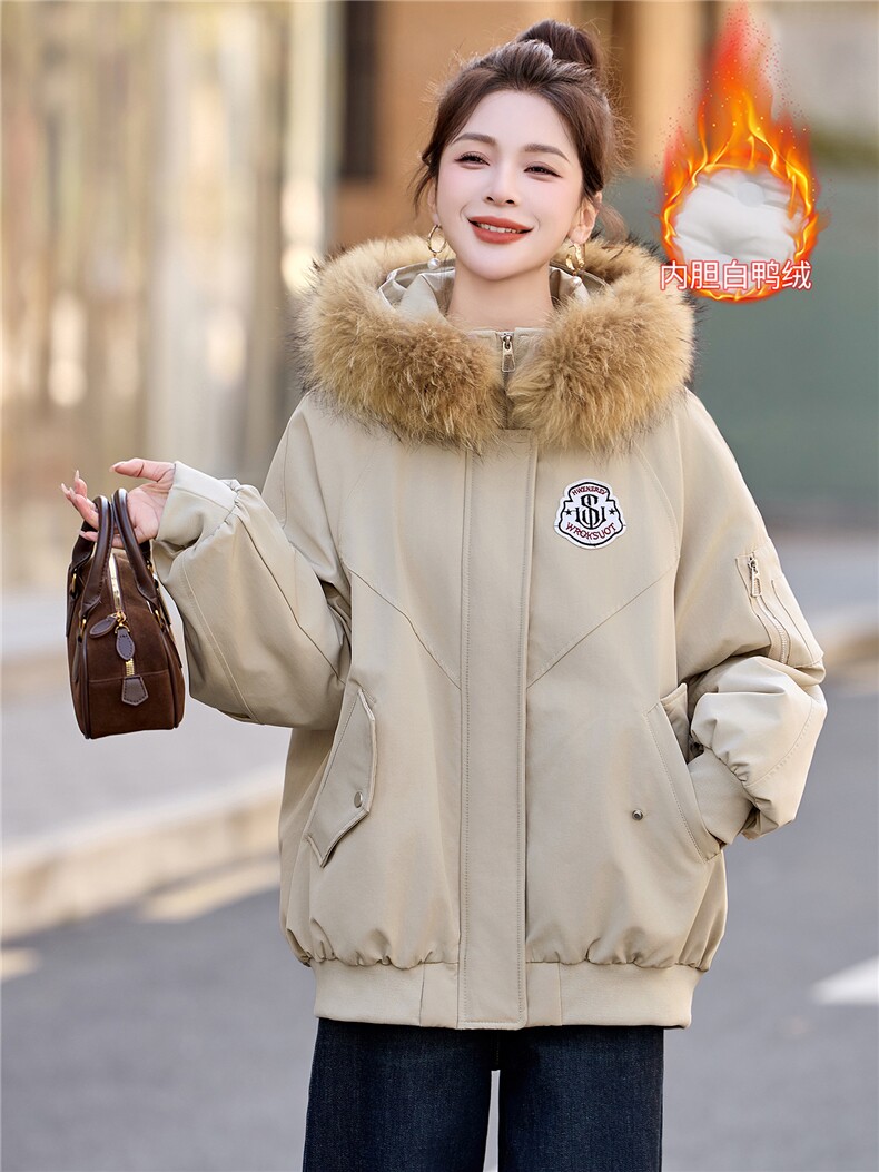 现货！2025年冬季红色羽绒服女大毛领设计感保暖休闲上衣,女装羽绒服,沐七七