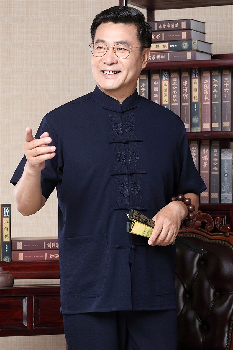 夏季新款男士中老年唐装夏季运动套装风刺绣短袖两件套,男装中老年男装,钱塘723