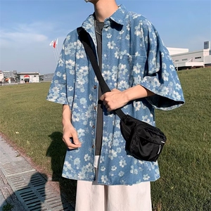 短袖牛仔衬衫男宽松上衣港风韩版菊花五分袖衬衣痞帅外套S126-P50图片