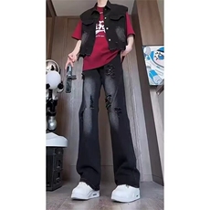 美式高街vibe破洞牛仔裤男夏季设计感裤子直筒微喇裤子L61733-P45，男装牛仔裤，星座1008