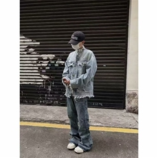 水洗做旧流苏毛边牛仔夹克男女复古潮牌休闲情侣外套上衣JK8896，男装夹克，星座208-5