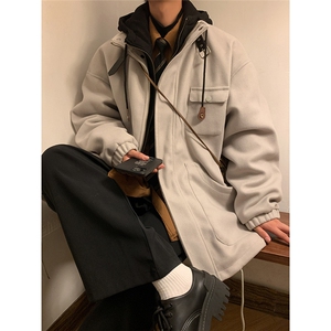 EQ158 冬季新款港风日系毛呢大衣假两件加厚连帽棉服棉衣外套P145图片