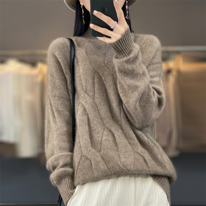 秋冬100%羊毛衫女半高领复古加厚扭花毛衣宽松羊绒套头针织打底衫图片