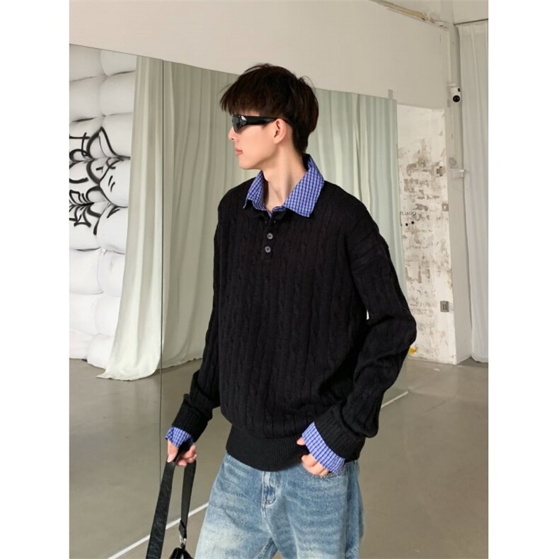 1014-1-MF402-特批70-美式复古绞花假两件毛衣男秋季高级感慵懒风,男装针织衫/毛衣,星座1014-1