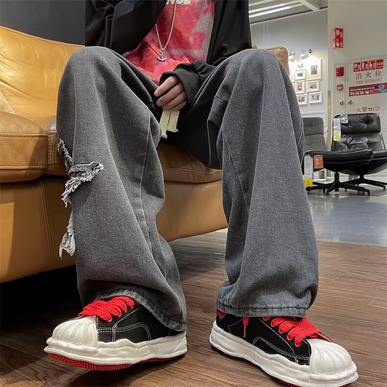 美式直筒阔腿拖地长裤hiphop设计感小众休闲牛仔裤ins潮1689-P45图片