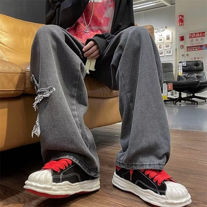 美式直筒阔腿拖地长裤hiphop设计感小众休闲牛仔裤ins潮1689-P45图片