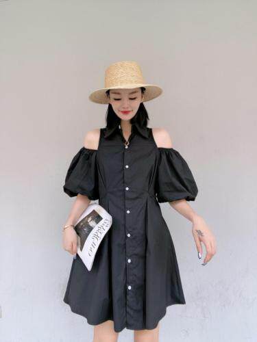 韩版漏肩泡泡袖连衣裙，女装连衣裙，玩美