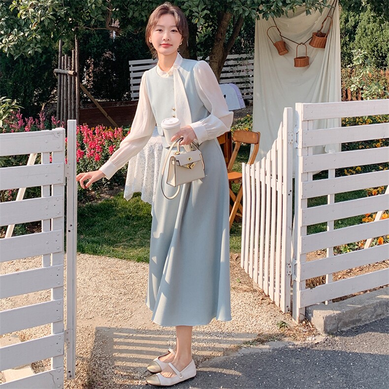 假两件拼接长袖连衣裙女2025春季新款法式高级感气质显瘦衬衫长裙,女装连衣裙,幸运星