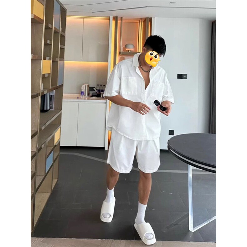 纯色冰丝速干衬衫套装男夏季潮牌拼接凉感宽松休闲短袖短裤两件套,男装休闲套装,电商A001
