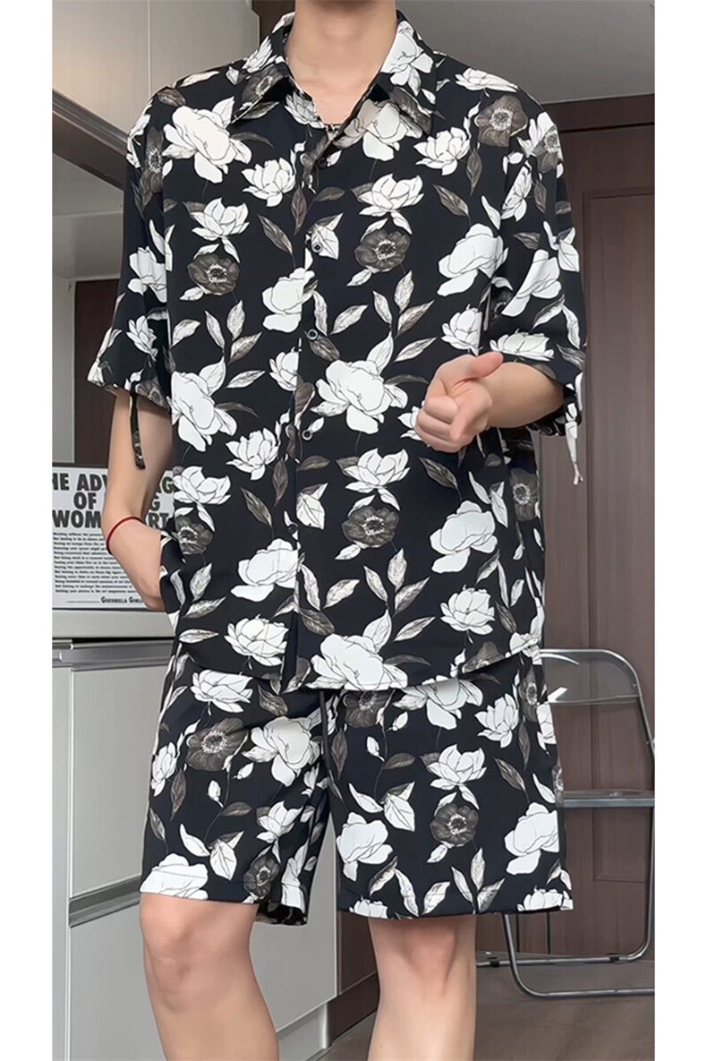 短袖衬衫男+短裤男套装男100%聚酯纤维M-5XL大码TZ78709P50控98,男装休闲套装,星座226-1
