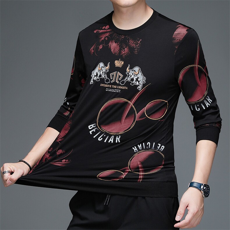 长袖男士2023新款圆领卫衣春秋季纯棉中年男印花打底衫上衣服潮,男装卫衣,电商B212（原钱塘6029）