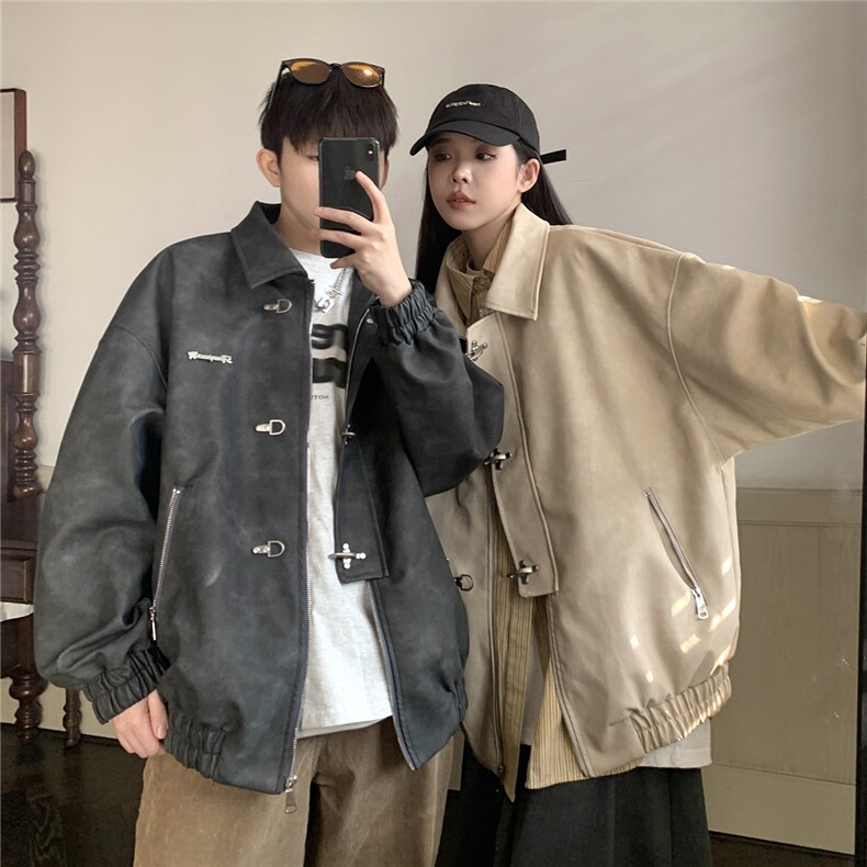 1美式港风大码M-5XL情侣女水洗雪花皮夹克皮衣男JK8741P130控168，男装皮衣，星座226-2