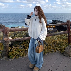 米白色复古格纹拼接连帽夹棉外套女2025韩系宽松休闲加厚保暖上衣，女装棉衣/棉服，2C326
