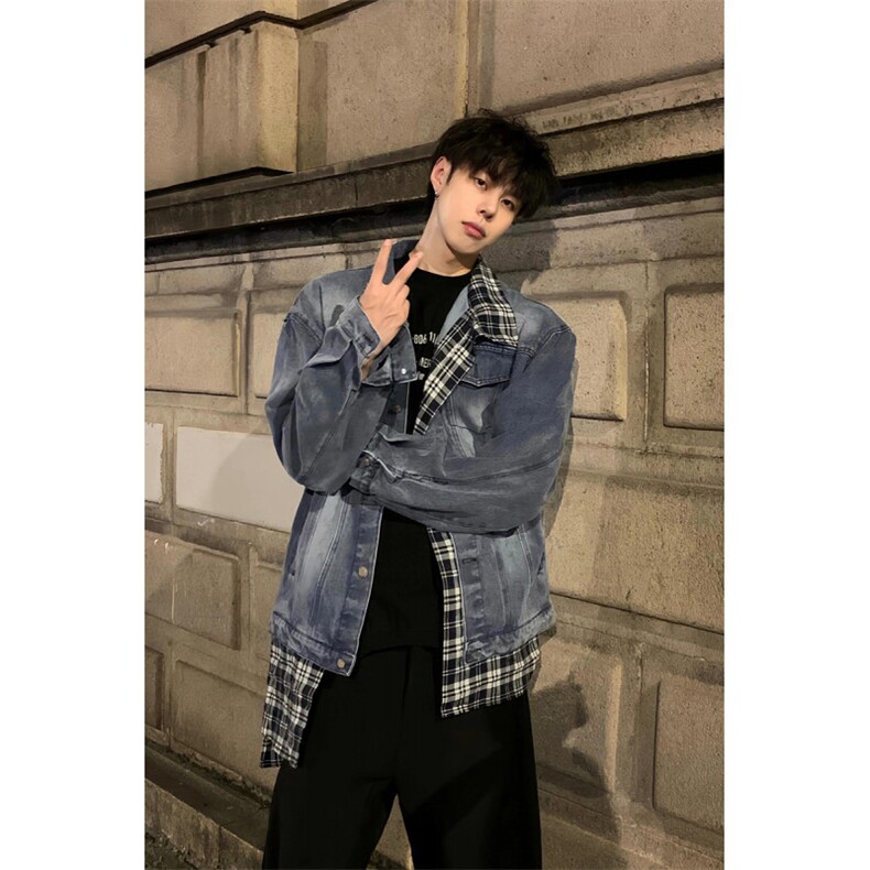 【有货】假两件牛仔外套男春秋格子衬衫拼接工装夹克JK8624CC-P85,男装夹克,星座1007（原301D）