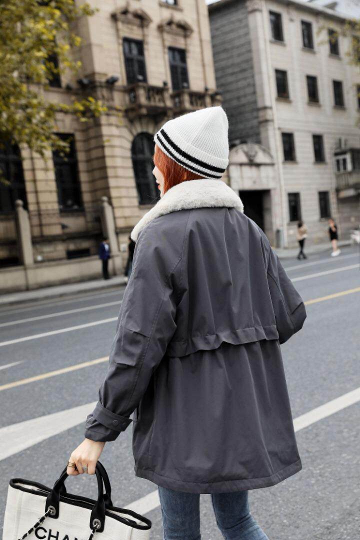 2021早冬上新拼毛领双口袋腰间抽绳设计派克服，女装，红雀纺