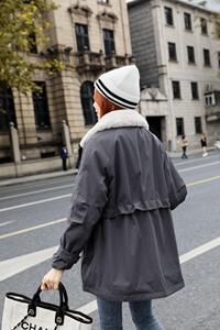 2021早冬上新拼毛领双口袋腰间抽绳设计派克服图片