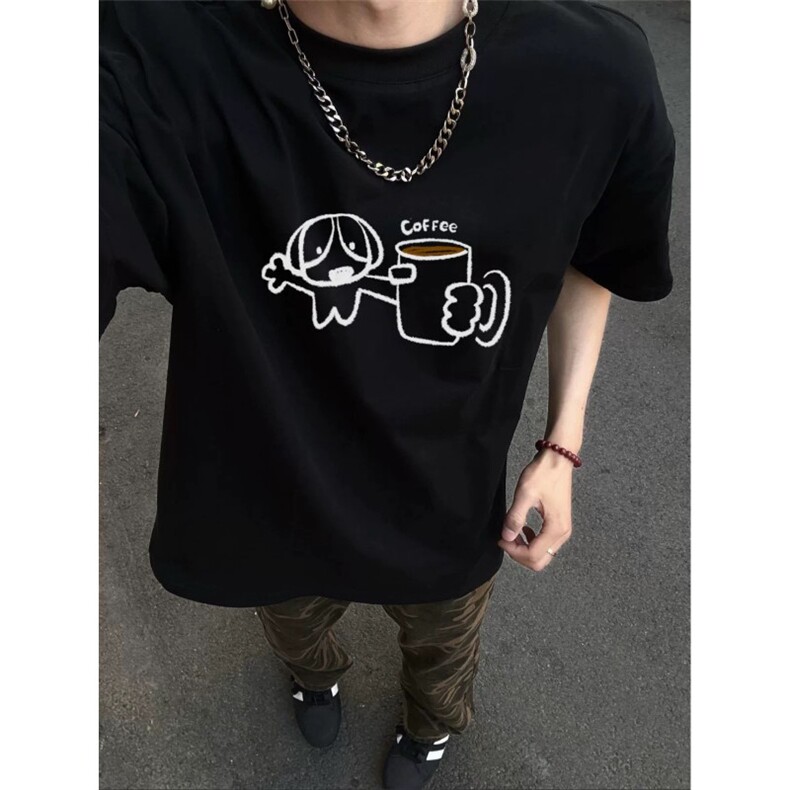 网图现货高品质三本针咖啡小狗印花圆领短袖T恤2762-P29有大码，男装T恤，电商C310-1