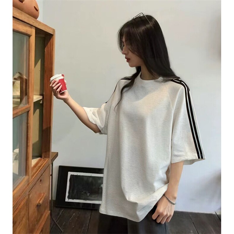 抖音得物品质二开240克宽松纯棉美式潮牌印花三条杠中性风短袖T恤,男装T恤,电商A486
