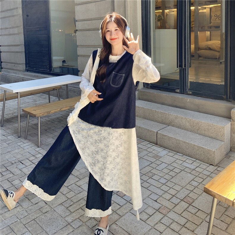 韩版牛仔马甲套装女2025秋季新款不规则罩衫设计感阔腿裤三件套图片