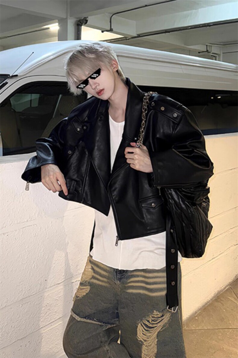 短宽廓形高腰皮衣痞帅高级感垫肩外套机车服JK746特P82,男装皮衣,星座908-1