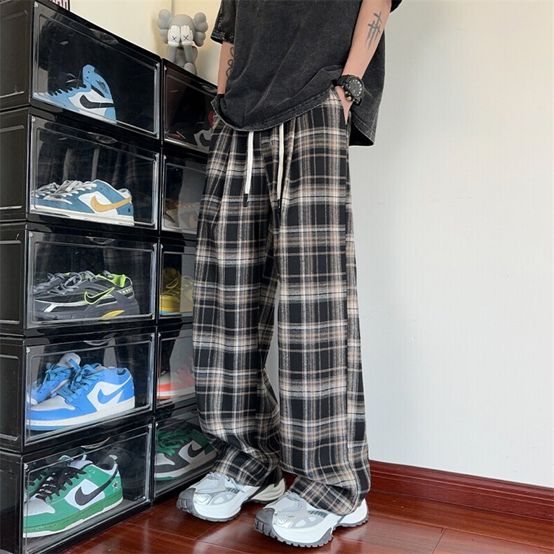 美式复古格子裤男秋季撞色拼接直筒弯刀裤cleanfit垂坠休闲拖地裤,男装休闲裤,电商A001-1