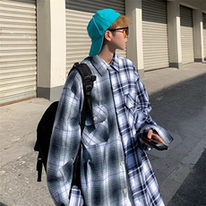 潮流潮慵懒时尚ins格子青春流行衬衫日常标准夏季男方领长袖，男装衬衫，星座716-2