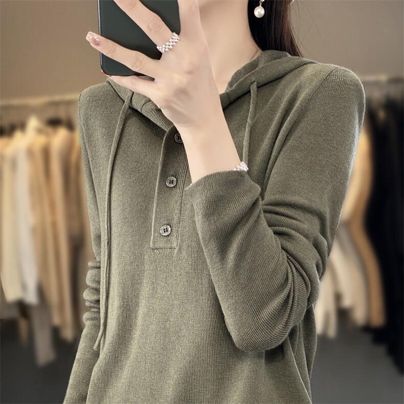 灰色连帽卫衣女春秋薄款带帽打底衫宽松慵懒帽衫短款上衣针织外套,针织衫/毛衣,雪真羊绒
