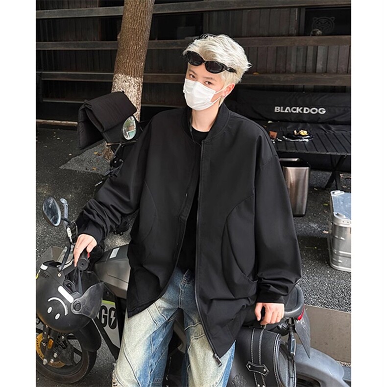 美式高街复古老钱风夹克冲锋衣男女纯色休闲宽松棒球立领飞行外套,男装夹克,电商A486