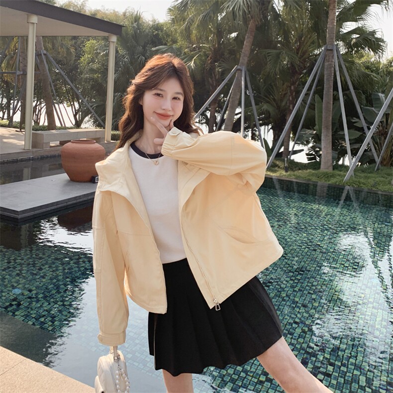 韩版宽松休闲连帽短款外套女2025春秋季新款设计感显瘦冲锋衣夹克,女装短外套,2C266