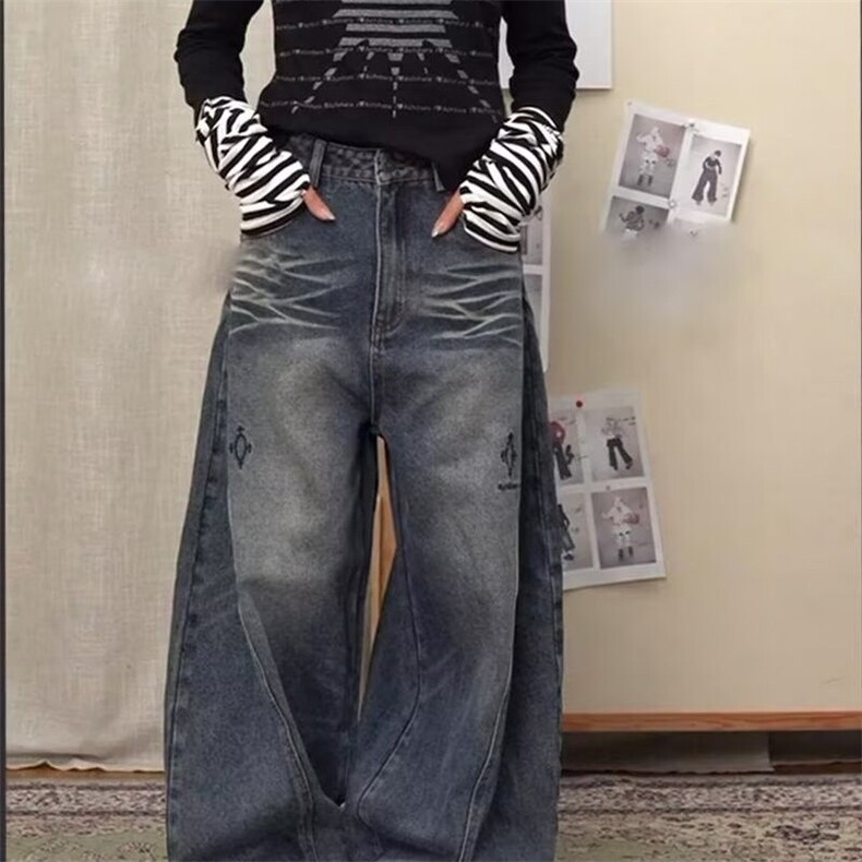 美式高街设计感水洗廊形弯刀裤男女情侣2024秋冬新款慵懒风拖地裤,男装牛仔裤,星座506A