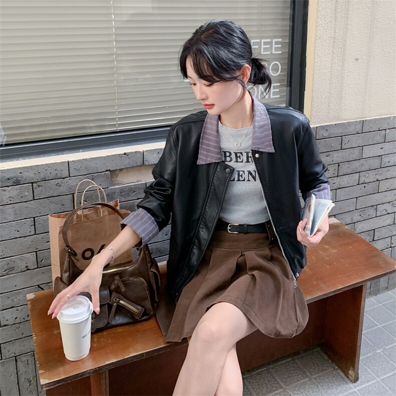 黑色假两件皮衣外套女2025年秋季新款韩系设计感休闲短款pu皮夹克,女装套装/套裙,2D148