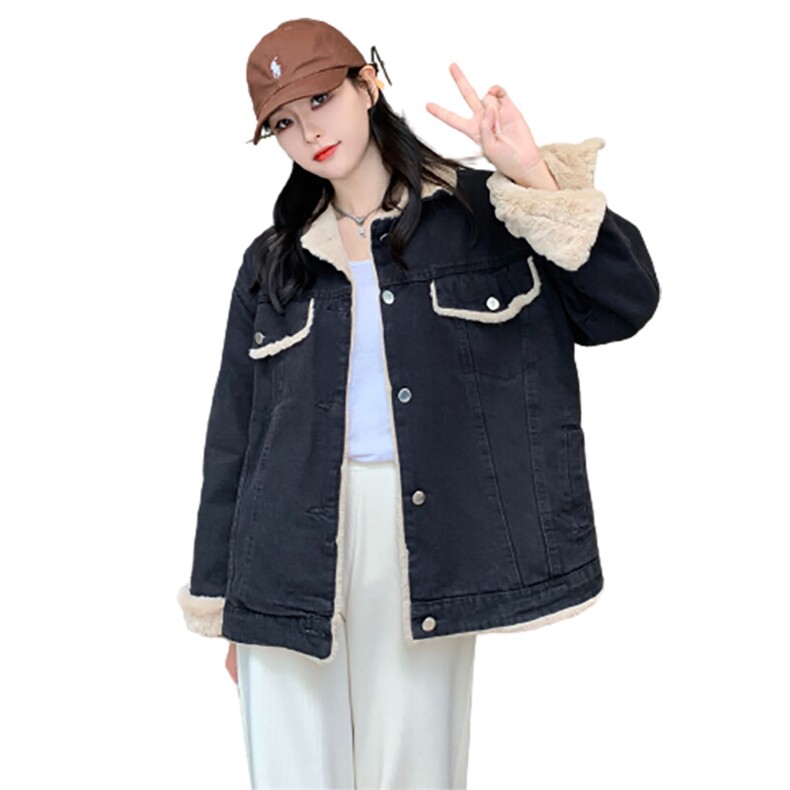 冬季新款加绒牛仔外套女冬加厚韩版宽松休闲黑色棉服潮NZ006-120,男装工装外套,星座911-3