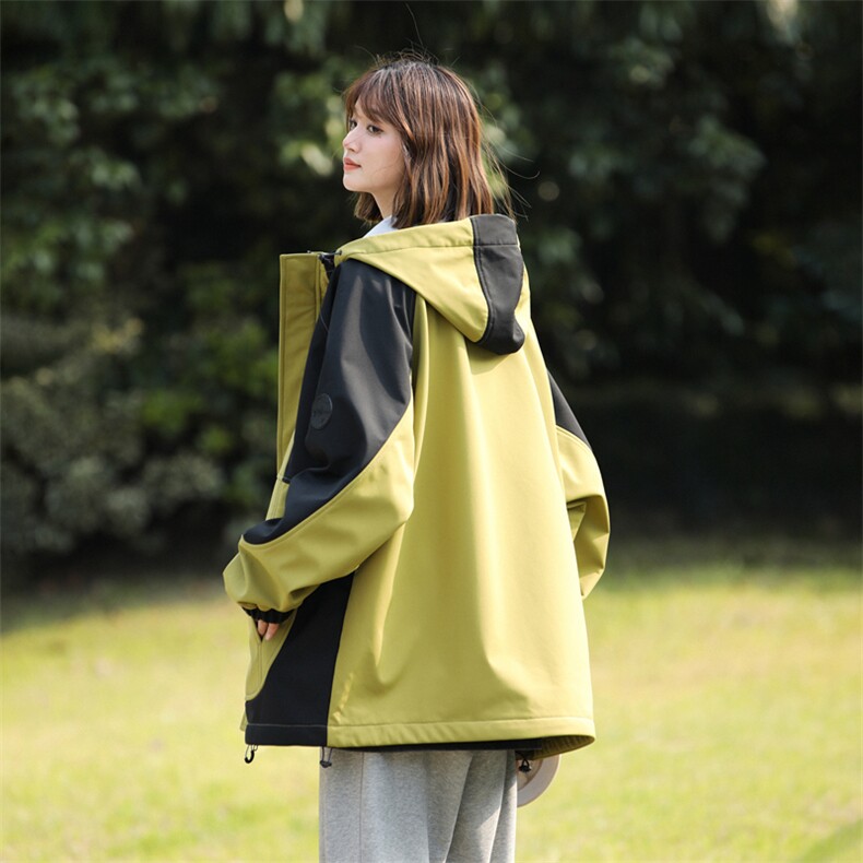 西瓜红撞色冲锋衣女户外三防登山服春秋款工装夹克拼色雪尼尔外套,男装夹克,电商A409-1